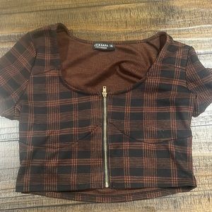 Liz & Sara Brown/Dark Red Plaid Crop Top Shirt XL with Zipper